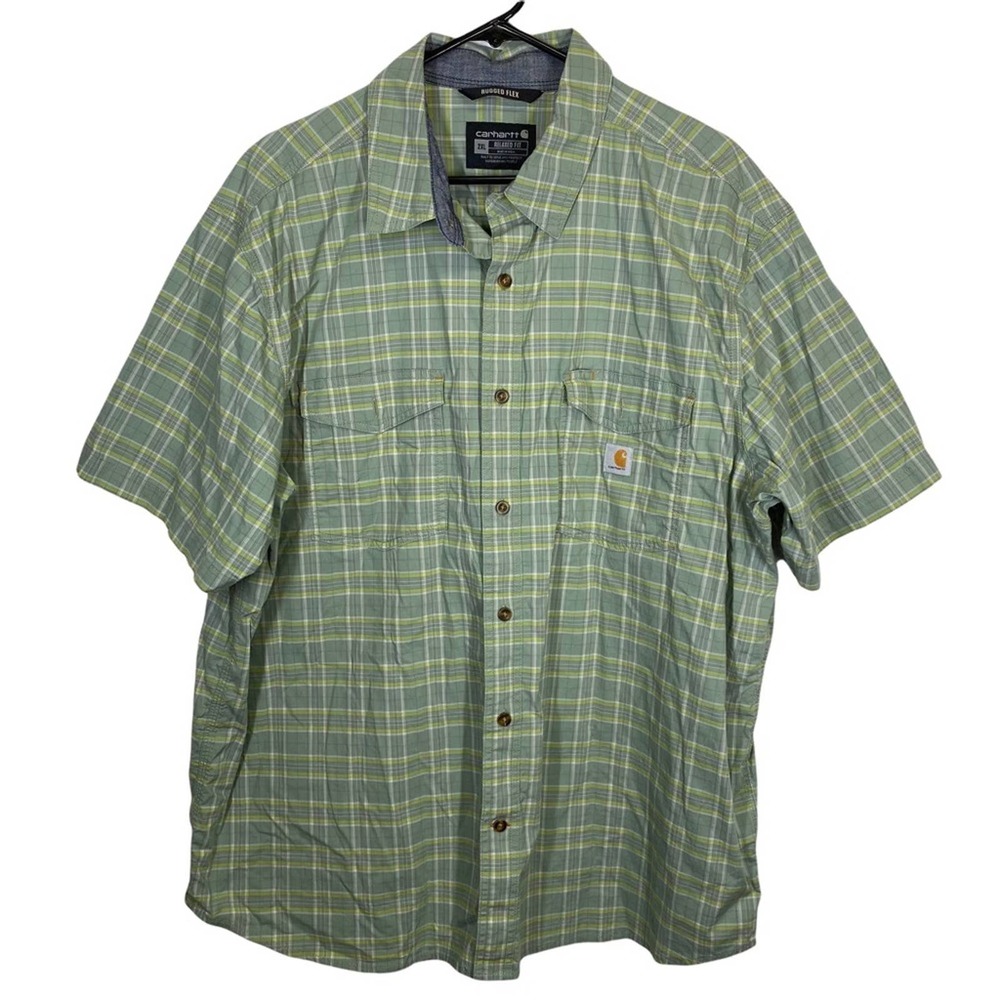 Carhartt Rugged Flex Relaxed Fit Green Blue Button Front Shirt 2XL